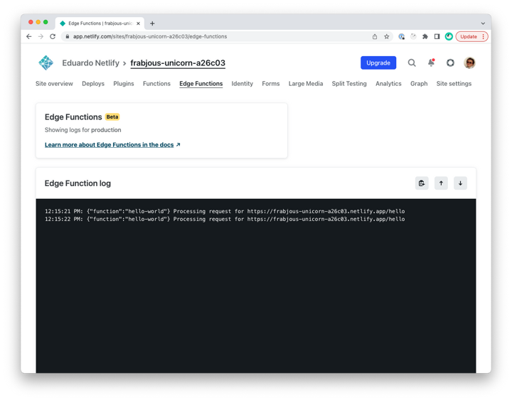Edge Functions logs in the Netlify UI