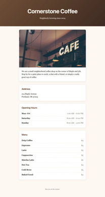 Coffee shop page generated by Kimi K2.7 Code — right run