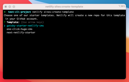 screenshot of a terminal window showing the 1st prompt of the command to pick a template