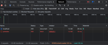 dev tools 500 error on the network panel