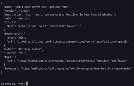 the npm init printout with Is this OK? (yes) at the bottom