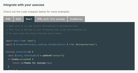 Integration Code for creating a React App with Formspree