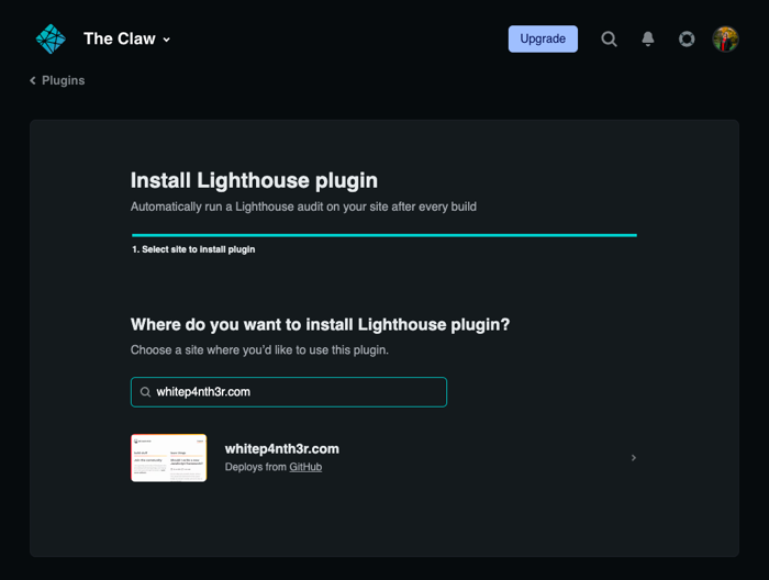 Install Lighthouse Plugin page. I have searched for whitep4nth3r.com in the search box, and the site is showing in the search results, with an onward action arrow to the right of the result.