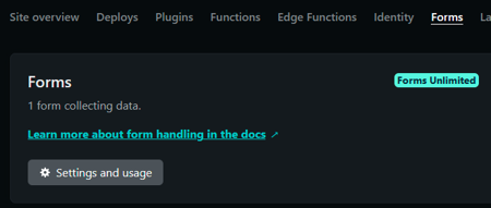 Forms tab in Netlify - 1 form collecting data