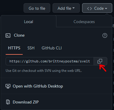 Arrow pointing to copy button on repository url