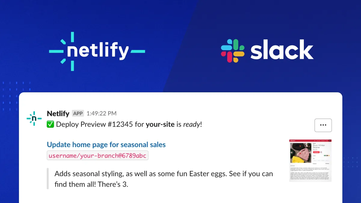 Netlify and Slack logos hovering above a Slack notification about a Netlify Deploy Preview that is now ready