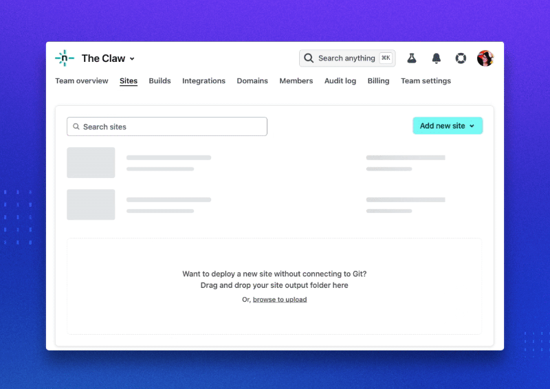 Netlify sites dashboard, showing the animated light grey skeleton loaders before the site data is available