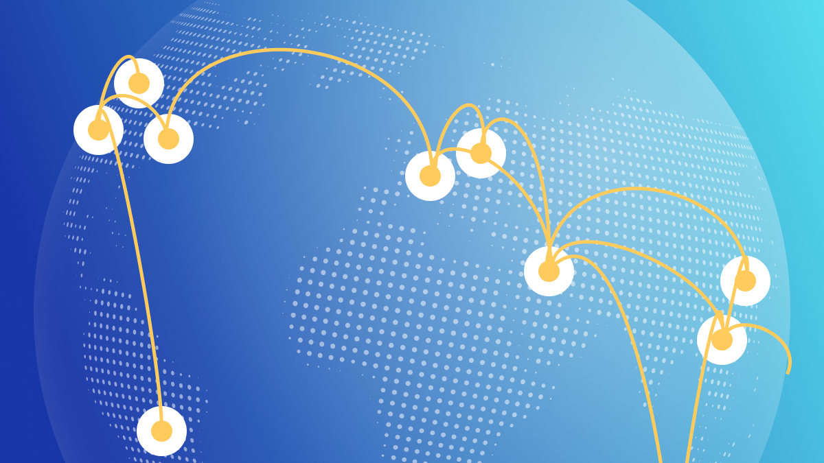 Illustration of a globe, with dots representing server nodes, with lines connecting them