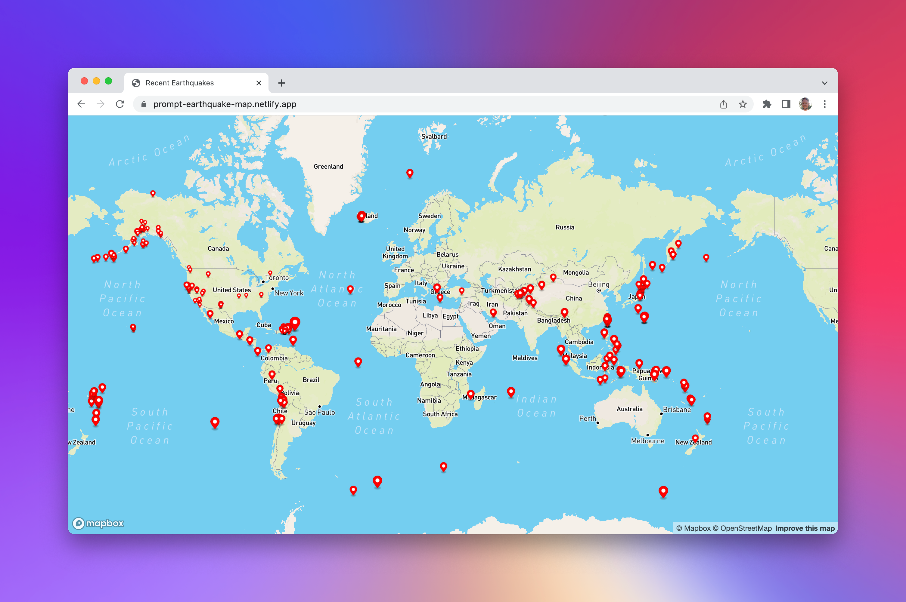 A website generated by the Netlify ChatGPT plugin that shows a map with markers indicating where an earthquake has occurred