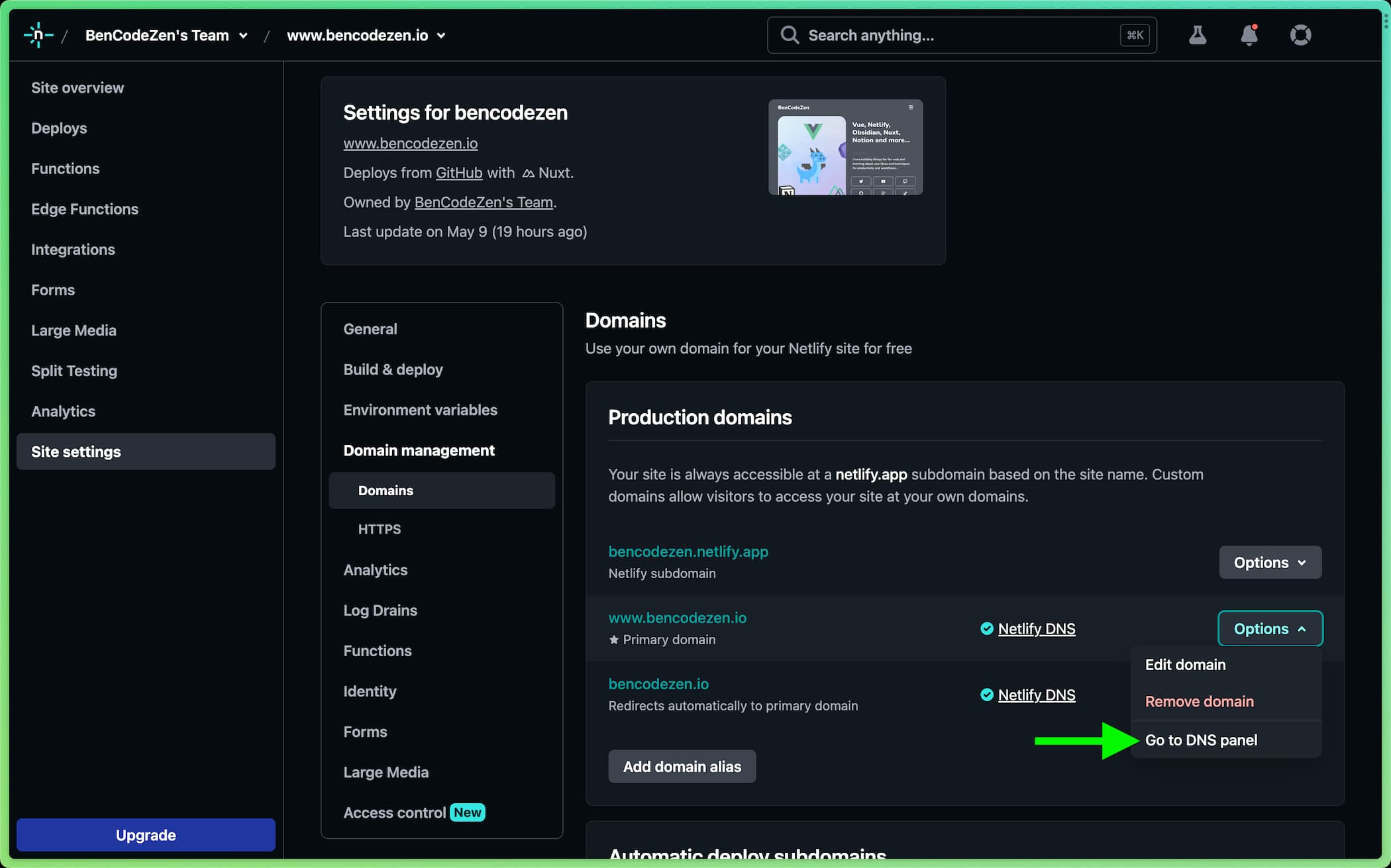 Screenshot of Netlify dashboard that shows how to access the DNS panel for a custom domain