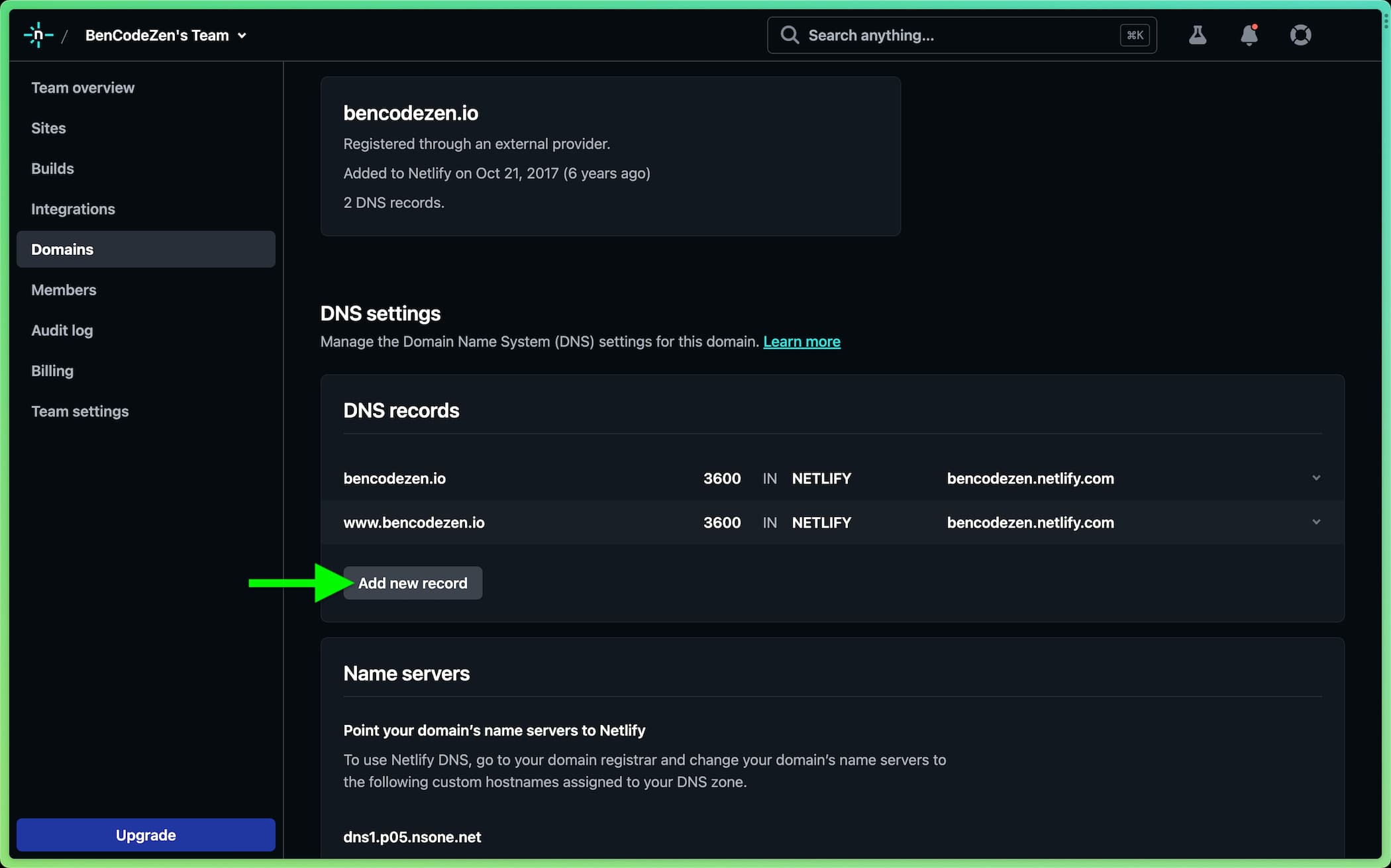 Screenshot of Netlify dashboard that shows how to start the process of adding a new record