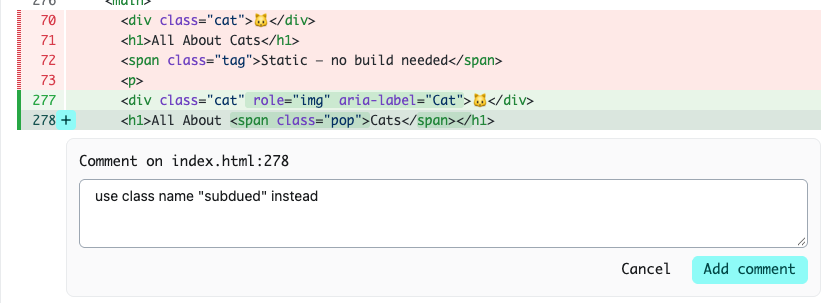 Agent Runners Code tab showing a diff of index.html with a comment box open on line 278 that reads “use class name subdued instead” and an Add comment button