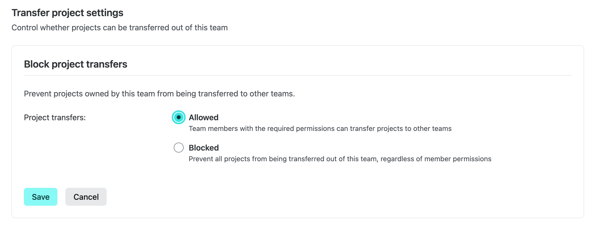 Transfer project settings panel showing Allowed and Blocked options for project transfers