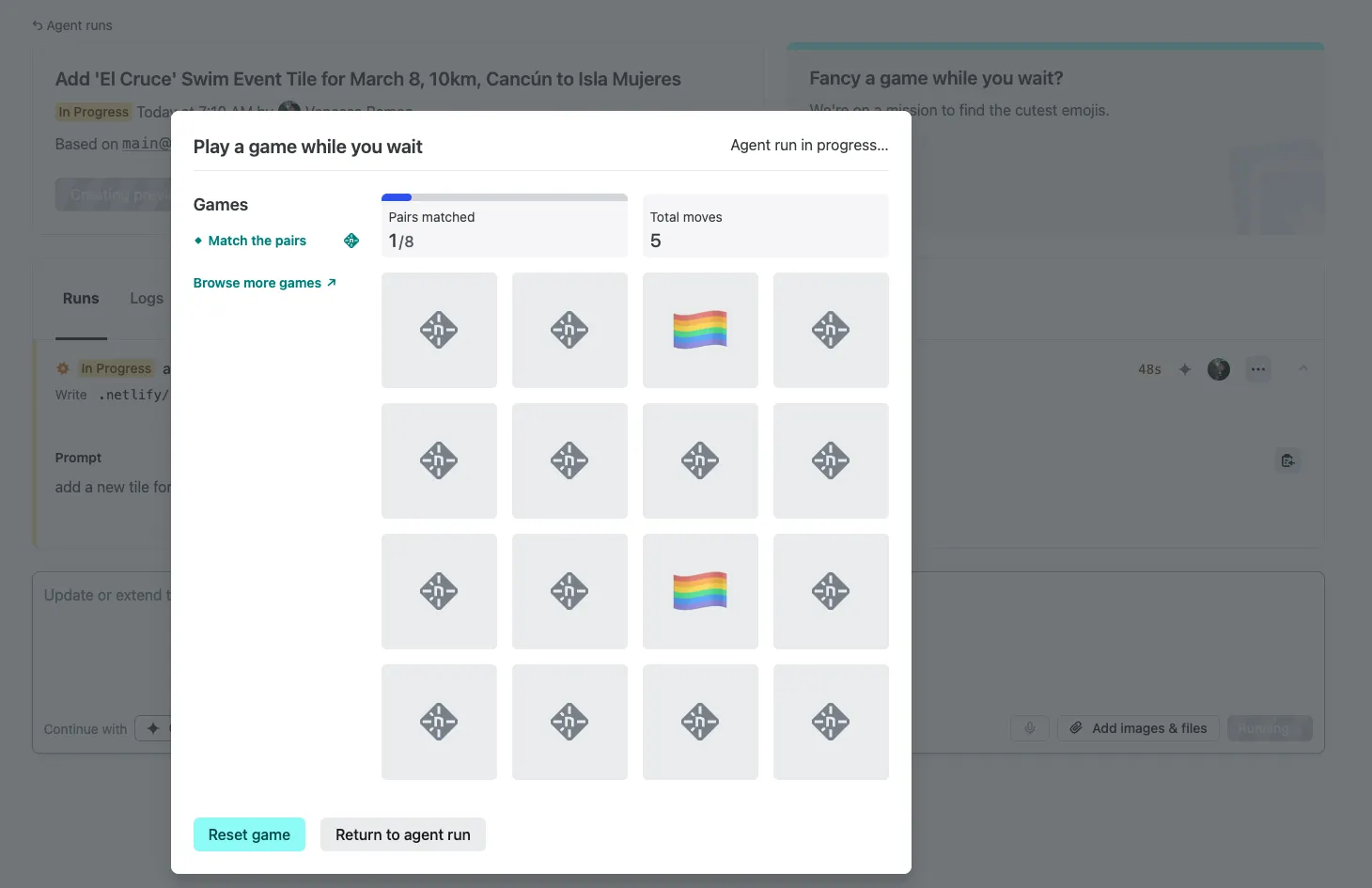 Play a game while you wait modal showing a Match the Pairs game on the Agent Runner page