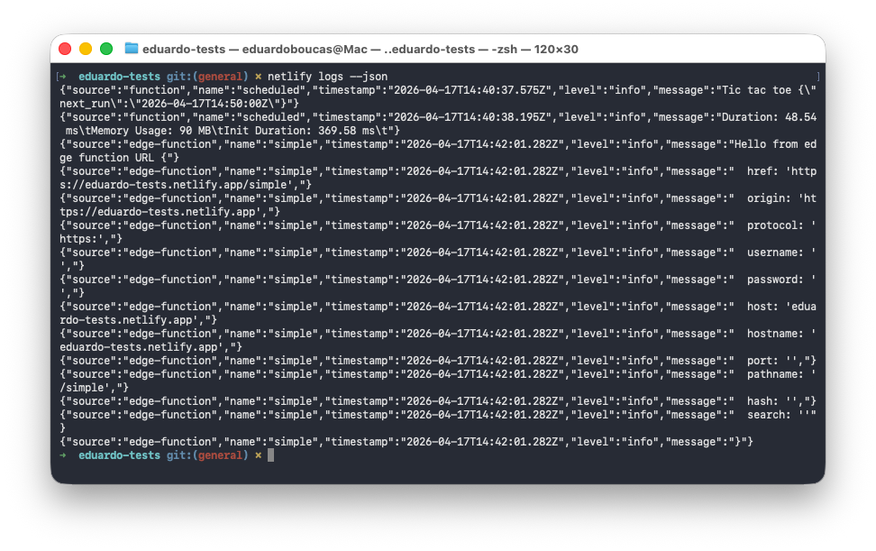 netlify logs CLI with --json flag showing JSON Lines output
