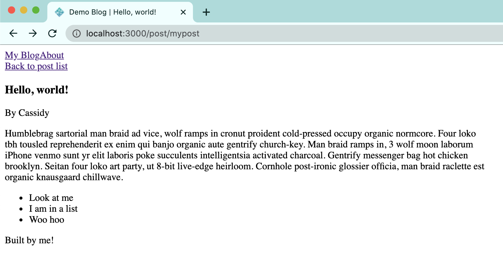 Our blog post lives! Next.js blog on localhost showing contents of the blog post markdown rendered to the page.