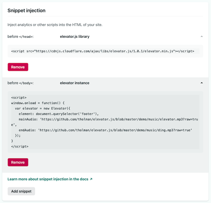 Screenshot of the elevator.js library loaded in a script tag in the </head> and code snippet above loaded in a second snippet in the </body>