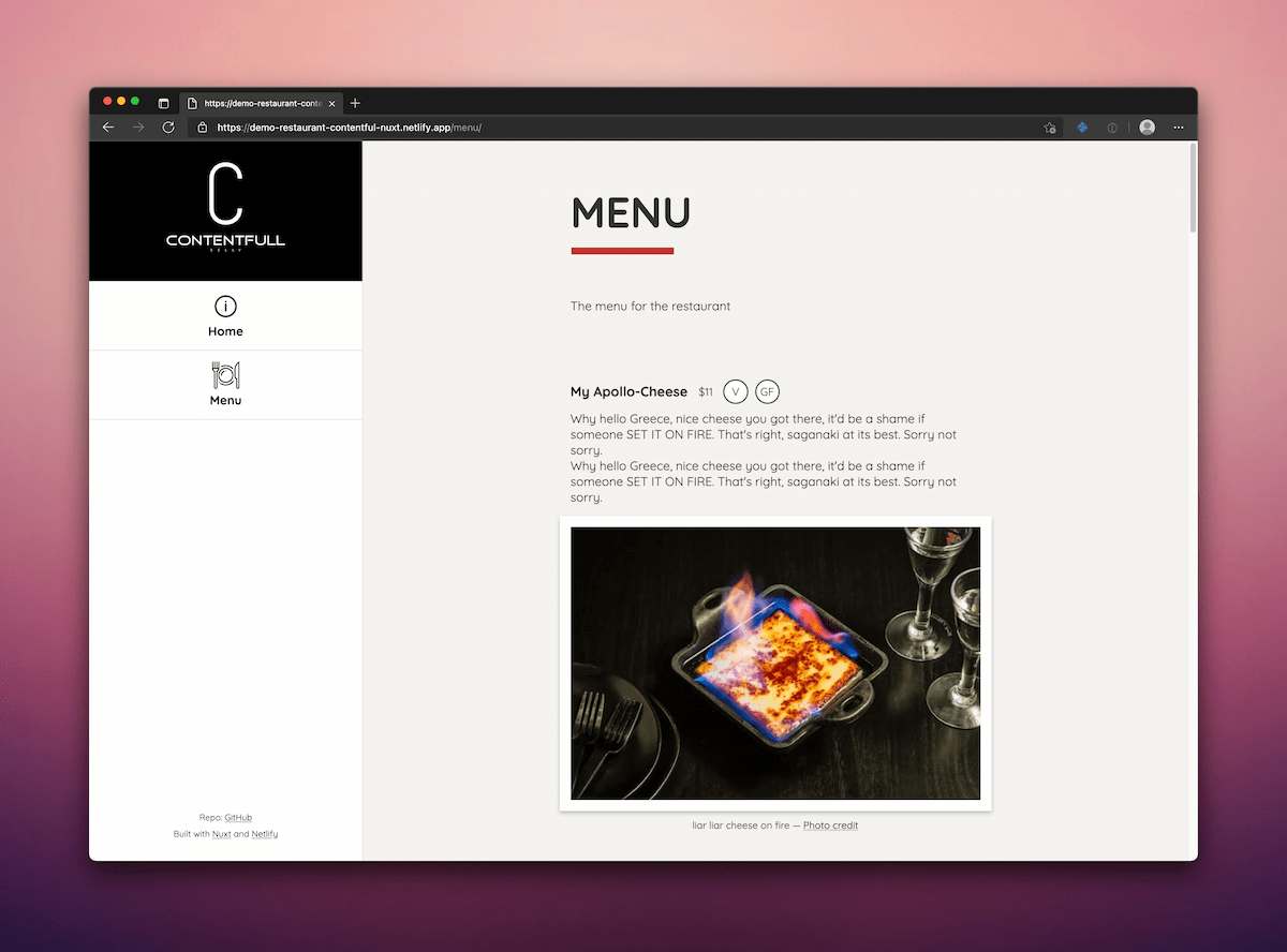 The menu page of an example restaurant site The menu page of an example restaurant site