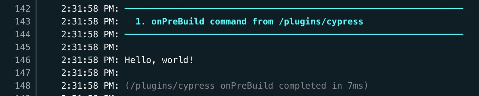 Deploy logs showing the onPreBuild command output saying "Hello, world!"