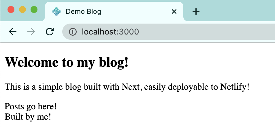 The layout is live! Next.js blog page shown locally with our title, description, and footer.