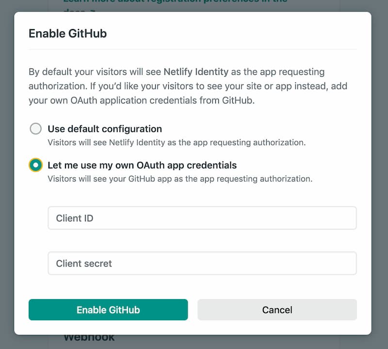 the form for using your own external provider credentials