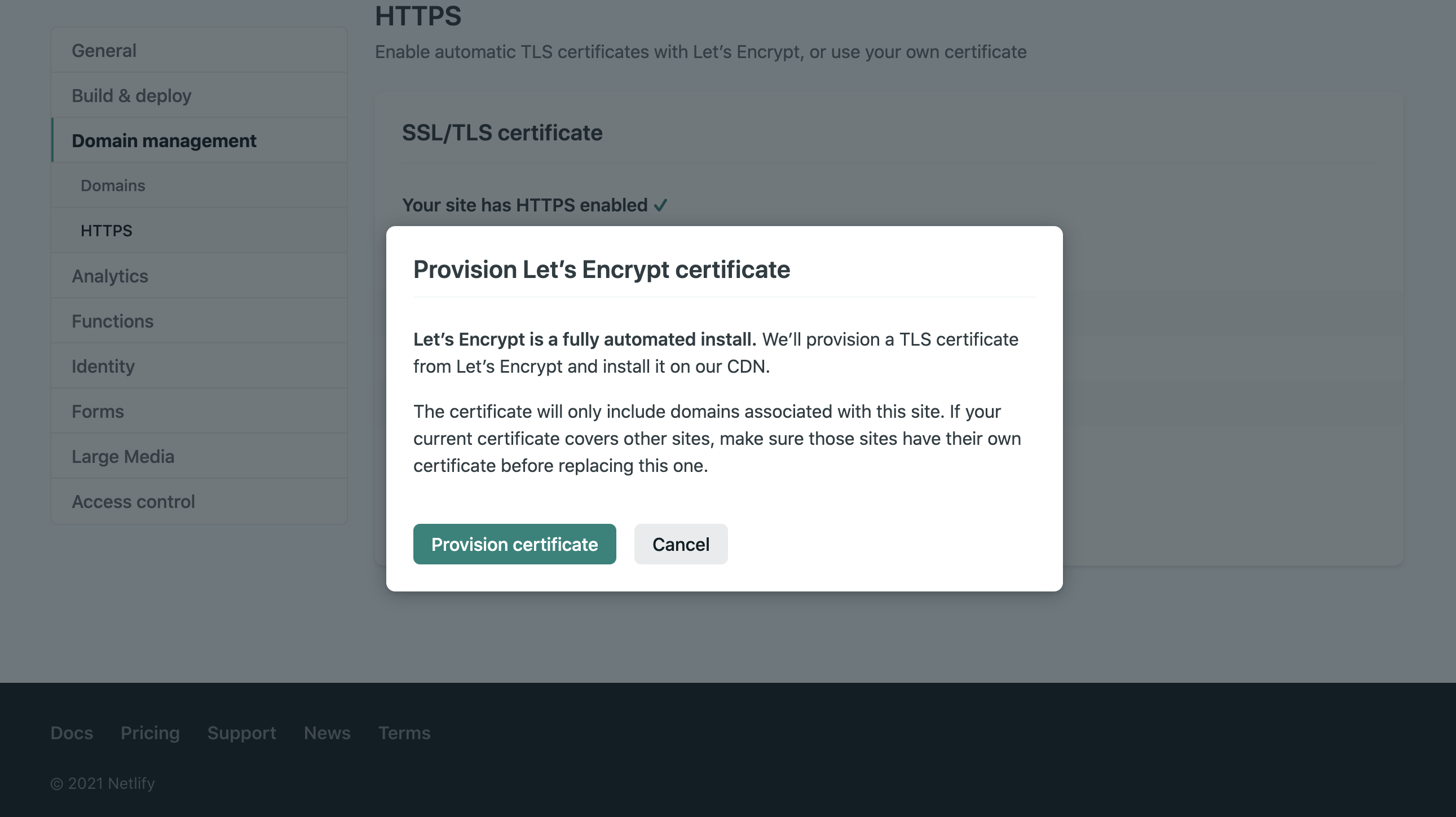 provision let's encrypt certificate button screenshot of "provision let's encrypt certificate" prompt in the Netlify site dashboard