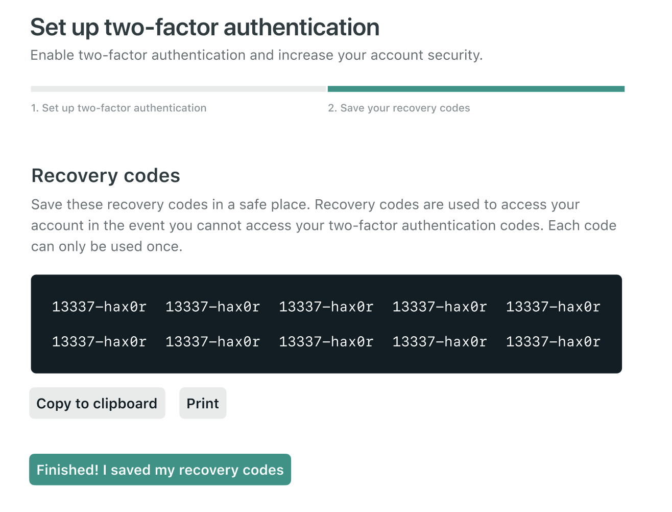 Save your recovery codes! Recovery codes page