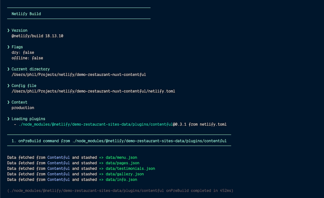 The build running in the terminal, showing data being saved locally from Contentful The build running in the terminal, showing data being saved locally from Contentful